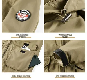 Detail view of khaki jacket features including arm badge, drawstring, and cargo pockets