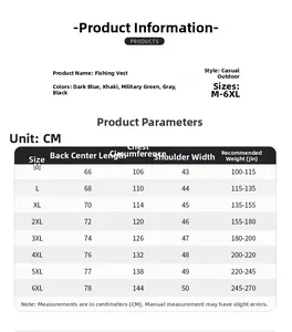 Detailed size chart for men's quick-dry outdoor vest from size M to 6XL with measurements