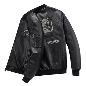 Men's black faux leather motorcycle jacket with vintage patches and ribbed cuffs