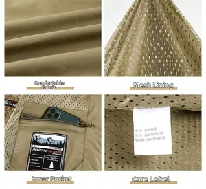 Detail of khaki outdoor jacket showing mesh lining, zipper pocket, and fabric material