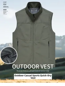 Detail of army green outdoor vest showing breathable mesh lining and zipped pocket