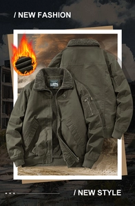 Army green fleece-lined winter flight jacket with heavy cotton canvas and zip pockets