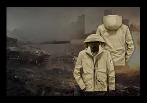 Detail of khaki outdoor jacket featuring white duck down filling and removable hood