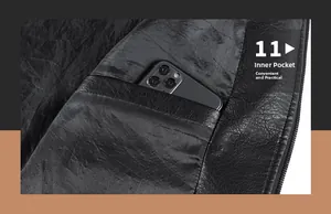 Close-up of the functional inner pocket of a black leather jacket with mobile phone
