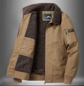 Detail of winter bomber jacket showing warm sherpa lining and sleeve zipper pocket