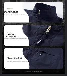 Detail view of stand-up collar, durable zipper, and zippered pocket on the blue vest