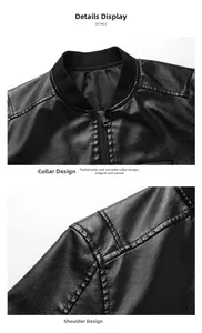 Detail view of ribbed collar and reinforced shoulder stitching on black faux leather jacket