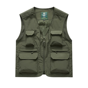 Men's dark green V-neck outdoor vest with multiple pockets and breathable mesh lining