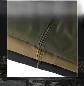 Detail of fleece lining and fabric texture on washed winter jackets in three colors