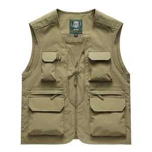Men's multi-pocket fishing vest with breathable mesh lining in olive green for outdoor wear