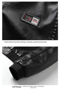 Detailed view of black PU leather jacket featuring embroidered fashion chest patch
