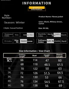 Size chart for winter men fleece jacket showing measurements from M to 5XL for perfect fit