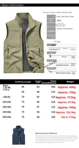 Detailed size chart for men's multi-pocket tactical vest with measurement guide