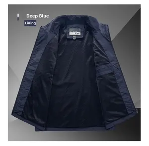 Detail of dark blue men's vest showing breathable mesh lining and interior hidden pocket