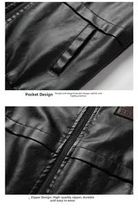 Detailed close-up of side pocket and smooth metal zipper on black faux leather jacket
