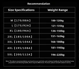 Size chart for winter cotton flight jacket showing weight range from M to 5XL