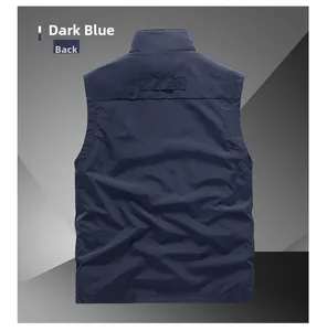 Back view of a quick-dry dark blue outdoor vest with stand collar for men