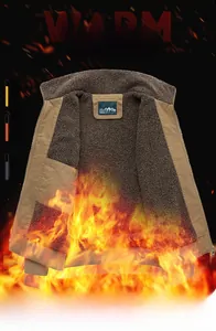 Detail of khaki cotton work jacket featuring thick brown sherpa fleece lining and collar