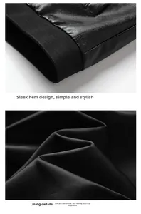 Detail view of the ribbed hem and smooth inner lining on black faux leather jacket