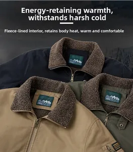 Detailed view of thermal fleece collars on men's winter cargo jackets in multiple colors