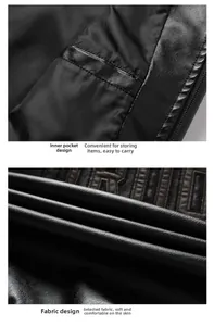 Detail of black PU leather jacket showing inner pocket lining and lychee grain texture
