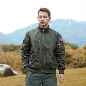 Giacca bomber da pilota verde oliva da uomo con patch tattica e colletto a costine casual