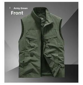 Close-up of army green outdoor vest with functional multi-pockets and breathable mesh lining