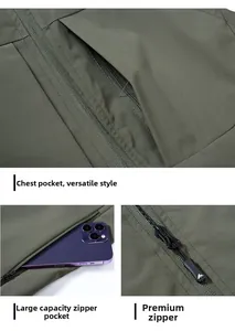 Detailed view of army green outdoor vest with zipper pockets and metal hardware
