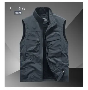 Macro detail of dark grey multi-pocket tactical vest with standing collar and mesh lining