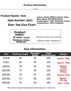 Detailed size chart for men's outdoor vest ranging from M to 5XL with measurements