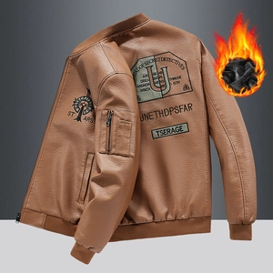 Brown fleece-lined faux leather bomber jacket with detailed embroidery and ribbed cuffs