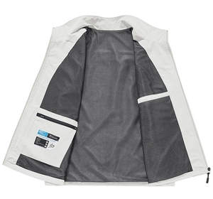 Detailed inner view of grey outdoor vest featuring breathable black mesh lining and hidden pocket