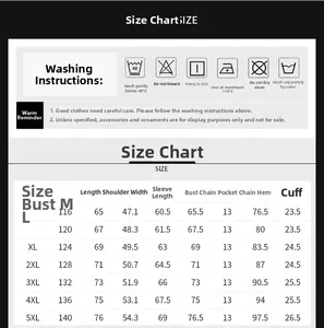 Detailed size chart for men's cotton jacket with measurements from M to 5XL and washing guide