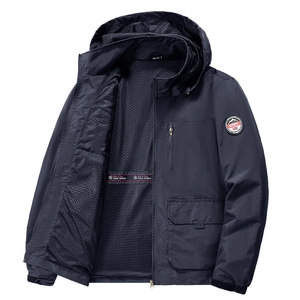 Men's navy blue windproof outdoor jacket with detachable hood and breathable mesh lining
