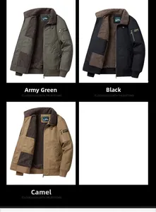 Detail view of winter bomber jackets with sherpa fleece lining in green, black, and camel