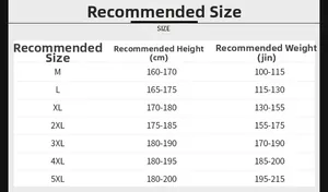 Size chart for men's cotton jacket showing height and weight recommendations from M to 5XL