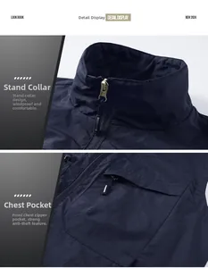 Detail of navy blue windproof vest showing stand collar and high-quality chest zipper