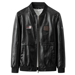 Men's Casual PU Leather Jacket Vintage Letter Embroidery Bomber Coat Ribbed Cuff Windproof Streetwear Outerwear