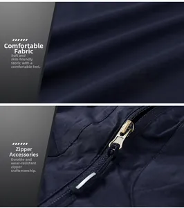 Detail of navy quick-dry fabric texture and durable metal zipper on men's vest