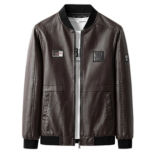 Men's dark brown faux leather bomber jacket with vintage patches and ribbed cuffs