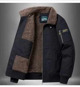 Detailed view of winter flight jacket featuring warm brown sherpa lining and zip sleeve pocket