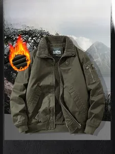 Detailed front view of green military bomber jacket with fleece collar and utility pocket