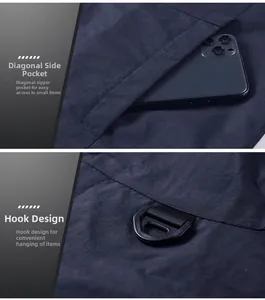 Detail view showing a zipper side pocket for phones and a durable D-ring hook on the vest