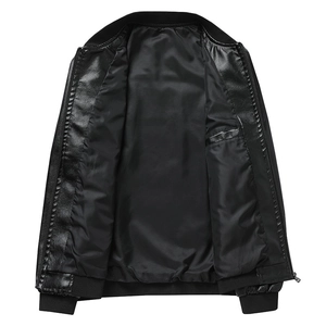 Men's black PU leather flight jacket with inner pocket and ribbed cuffs in minimalist style
