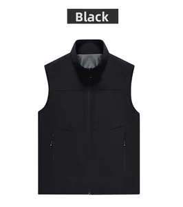 Detail of black outdoor vest with stand collar, smooth zipper and breathable mesh lining
