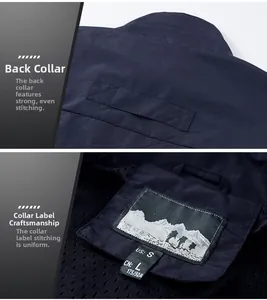Detail of reinforced neckline and breathable mesh lining on men's outdoor vest