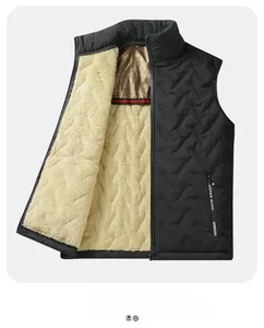 Detail of men's quilted vest featuring a warm fleece lining and a vertical zip chest pocket