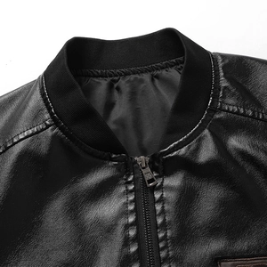 Men's black PU leather jacket with ribbed stand collar and premium pebble grain texture