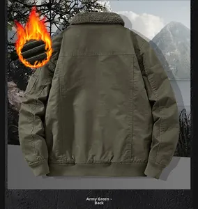 Detail of army green winter jacket featuring a fleece collar and ribbed cuffs on back view