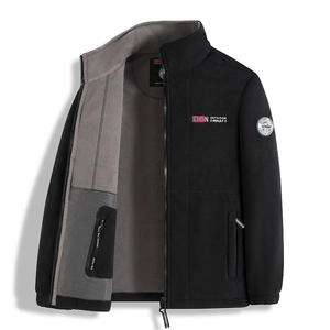 Men's outdoor fleece jacket in black with thick grey thermal lining and zipper pockets